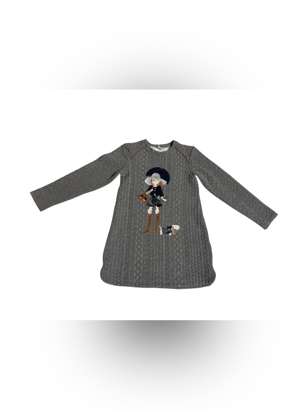 Mayoral Gray Knit Girl Walking Dog Long Sleeve Sweater Dress Size T/9 AS IS READ